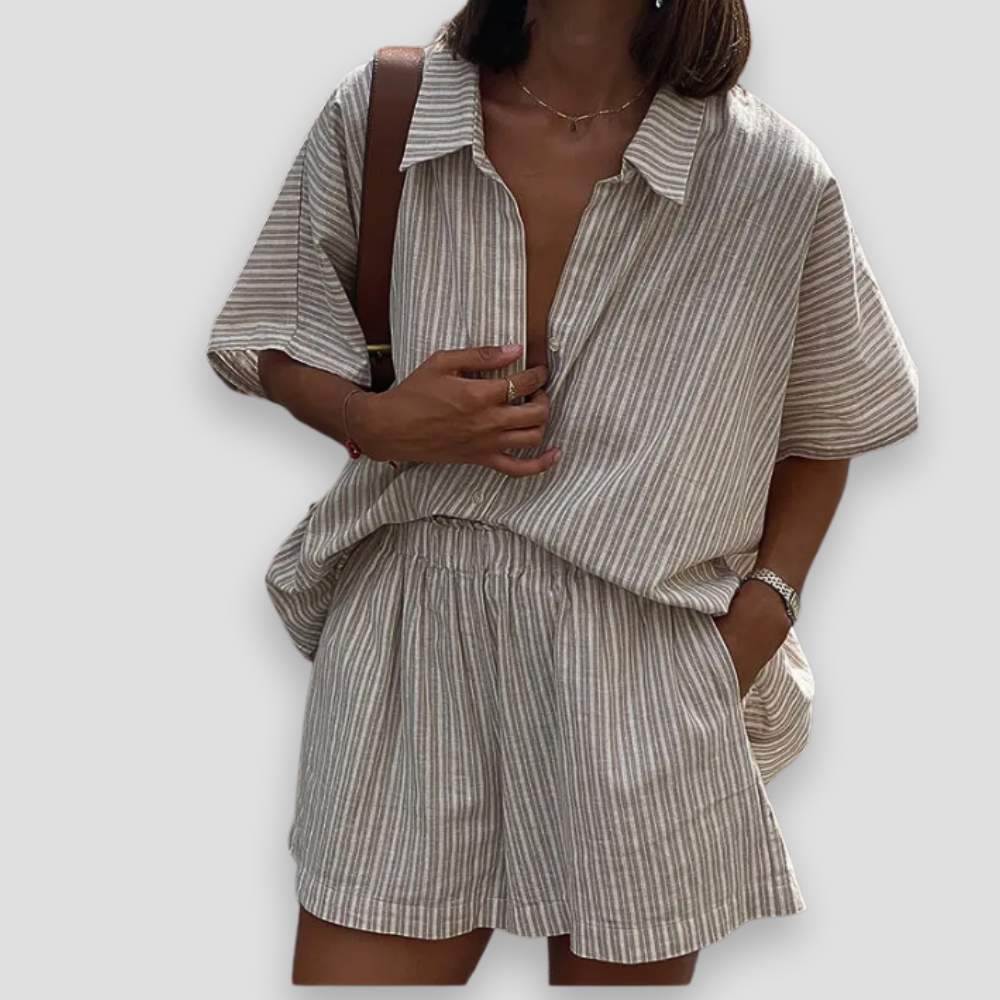 Badhie | Women's Casual Loose Striped Shirt Shorts Two-Piece Set