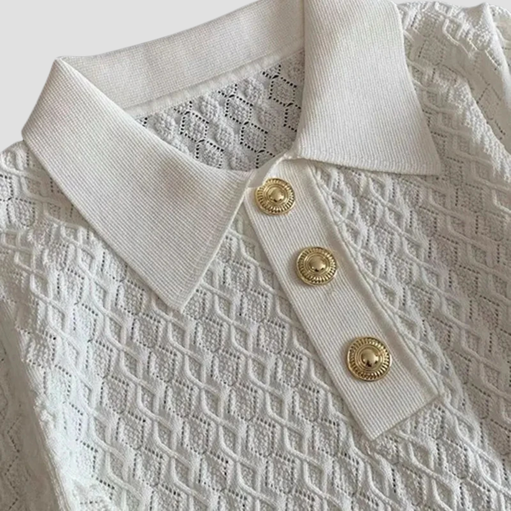 Badhie | Women’s Textured Knit Polo Top with Gold Button Detail