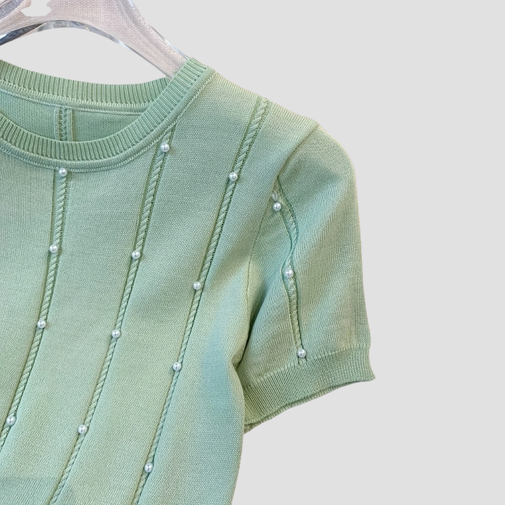 Badhie | Women’s Pearl-Accent Knit Short Sleeve Top