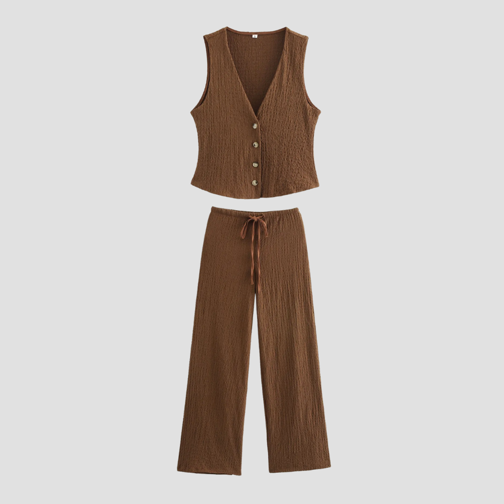 Badhie | Women's Waffle Knit Button Vest & Wide-Leg Pant Set