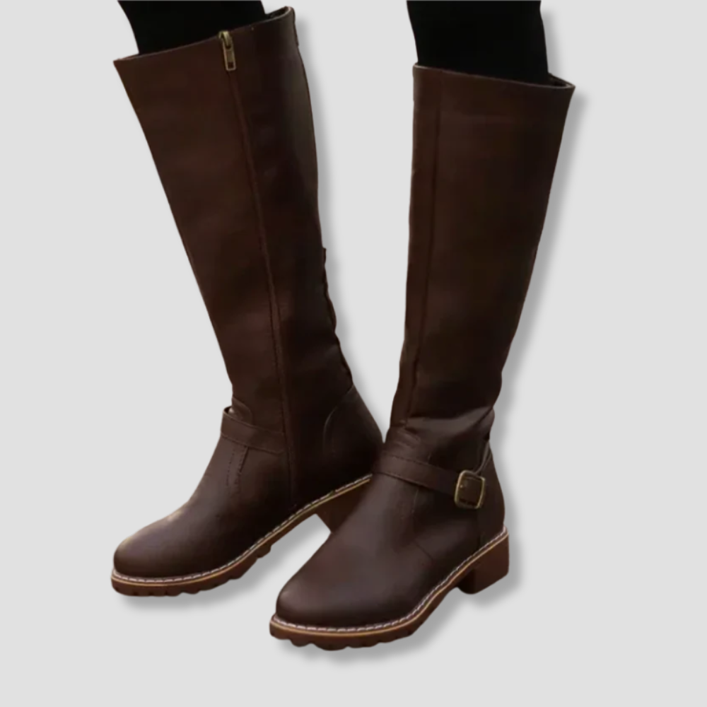 Badhie | Women’s Knee High Boots with Buckle Strap and Low Block Heel