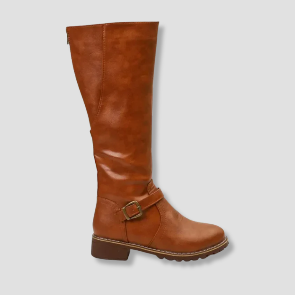 Badhie | Women’s Knee High Boots with Buckle Strap and Low Block Heel