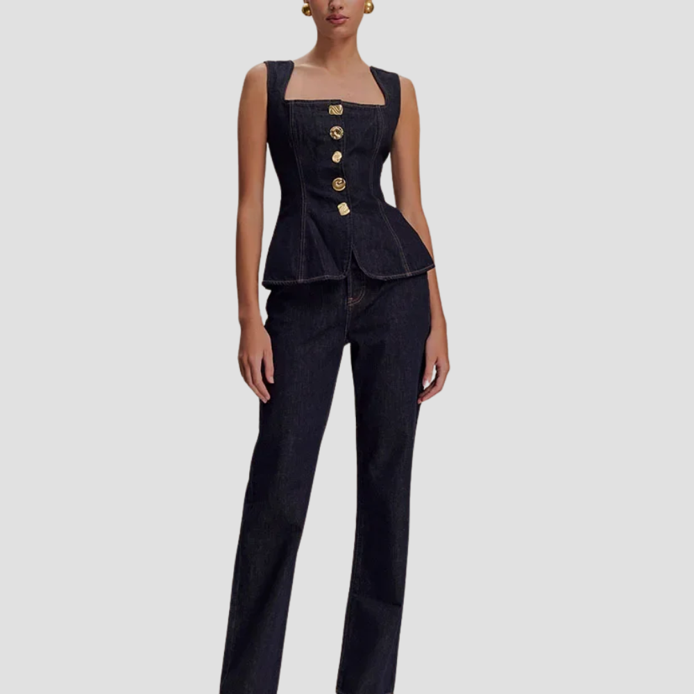 Badhie | Women's Sculpted Denim Corset Top Straight-Leg Jean Set