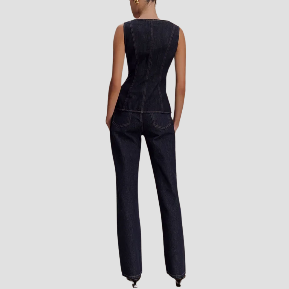 Badhie | Women's Sculpted Denim Corset Top Straight-Leg Jean Set