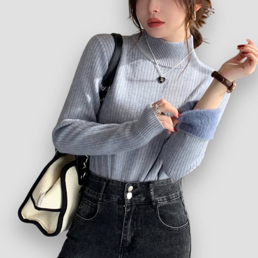 Badhie | Women’s Ribbed Turtleneck Sweater with Faux Fur Cuffs