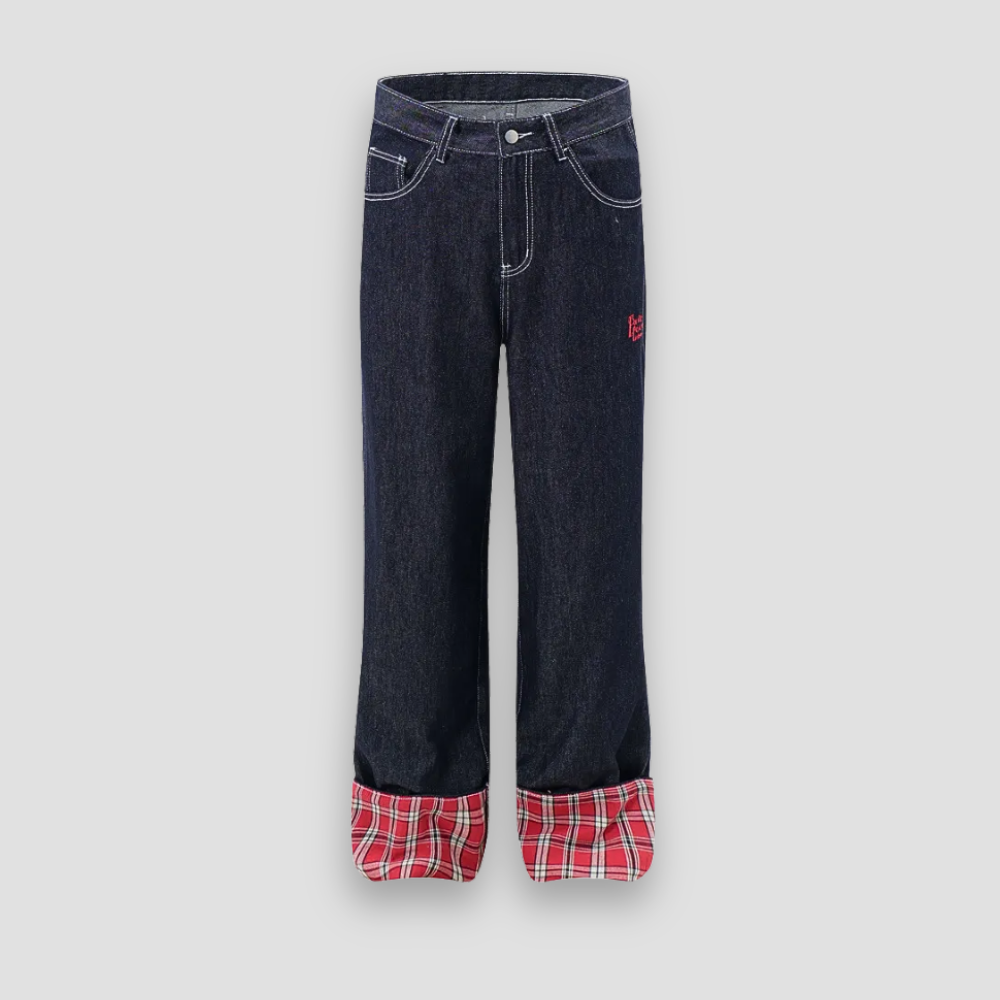 Badhie | Women's Plaid Patch Wide-Leg Jeans