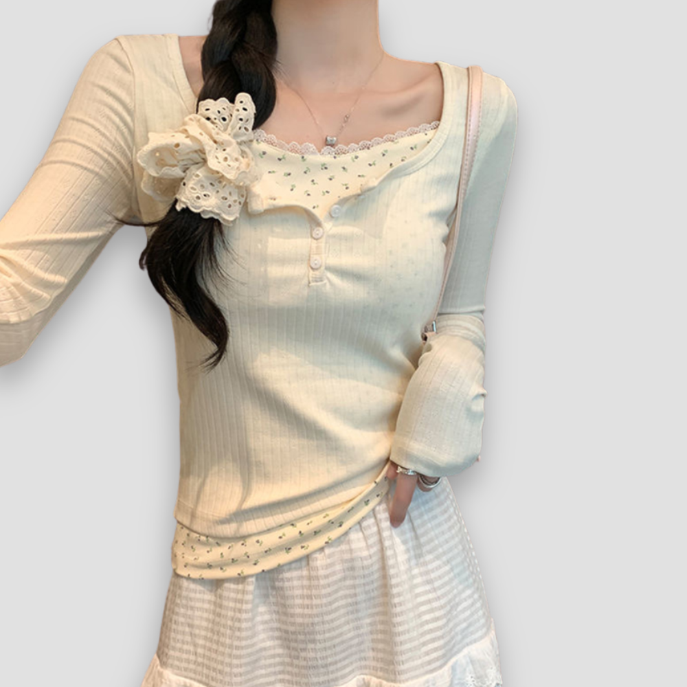 Badhie | Women’s Long Sleeve Ribbed Lace Trim Top
