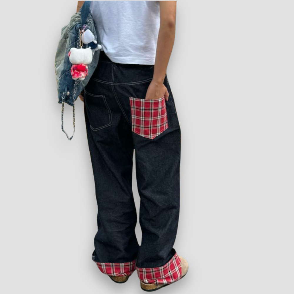 Badhie | Women's Plaid Patch Wide-Leg Jeans