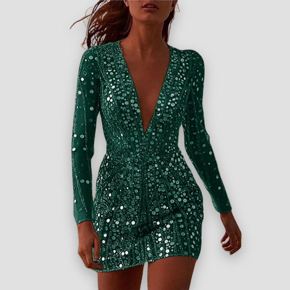 Badhie | Women’s Glitter Dress Sequin Deep V Mini Dress