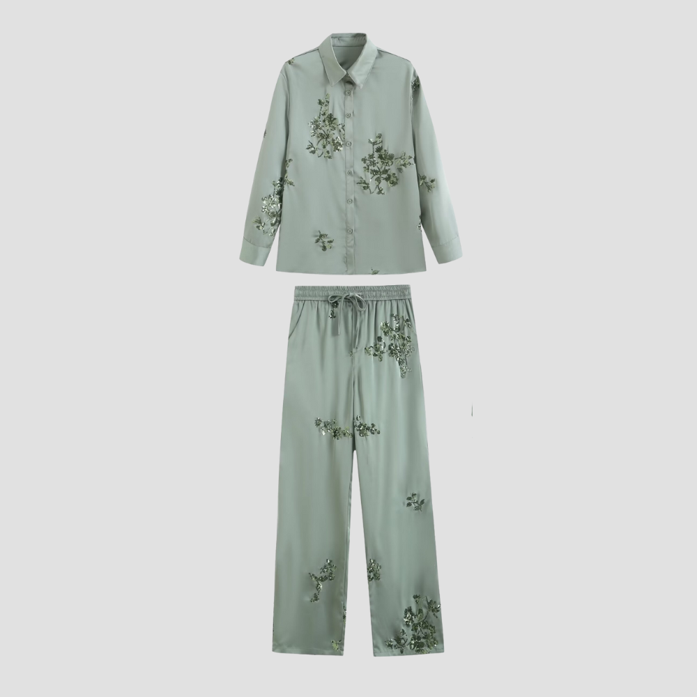 Badhie | Women's Sequin Floral Glitter Button-Up & Pant Set