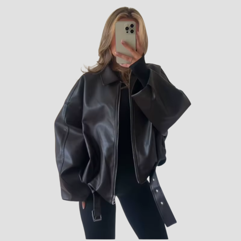 Badhie | Women’s Oversized Belted Faux-Leather Zip Jacket