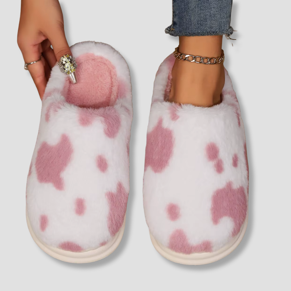 Badhie | Women’s Plush Cow-Print House Slippers