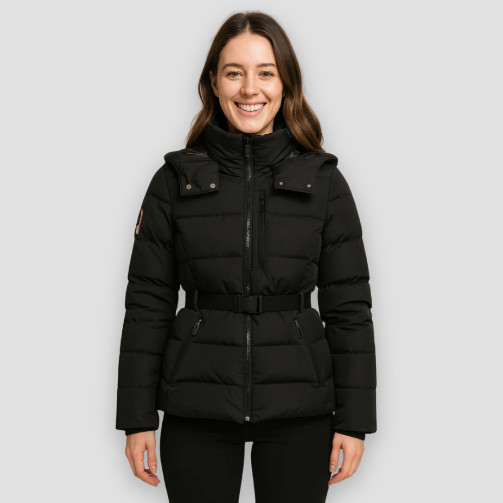 Badhie | Women’s Black Winter Puffer Jacket with Belted Waist and High Collar