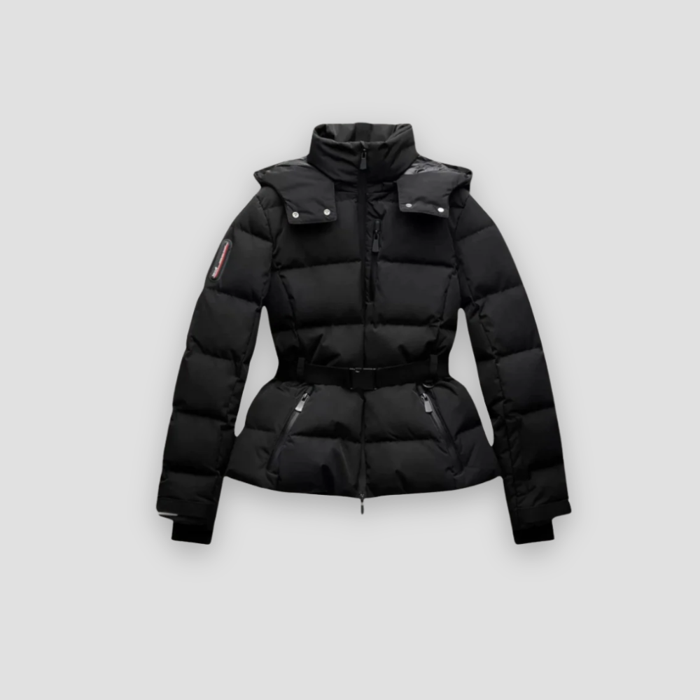 Badhie | Women’s Black Winter Puffer Jacket with Belted Waist and High Collar