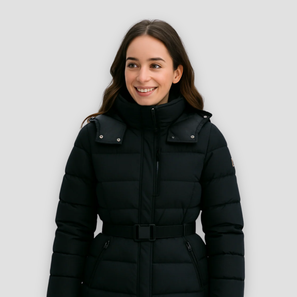 Badhie | Women’s Black Winter Puffer Jacket with Belted Waist and High Collar