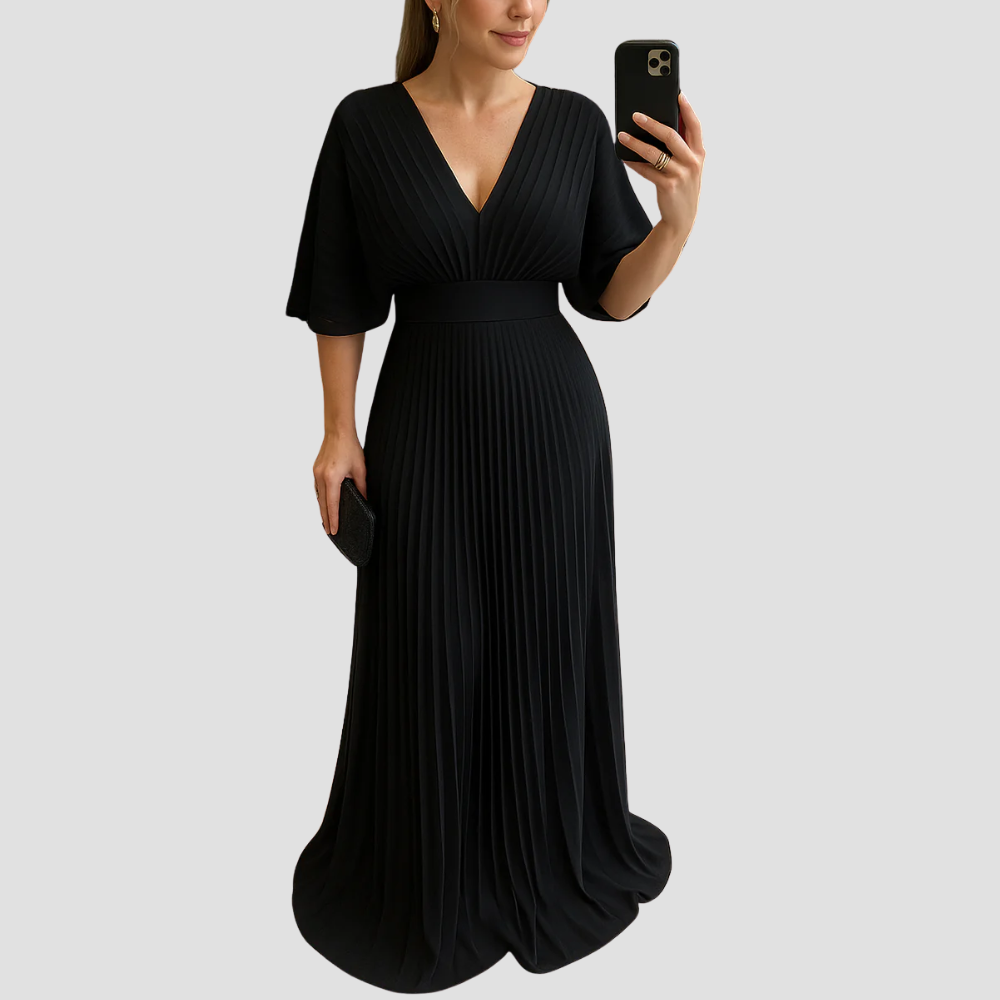 Badhie | Women’s Pleated V-Neck Elegant Evening Maxi Dress
