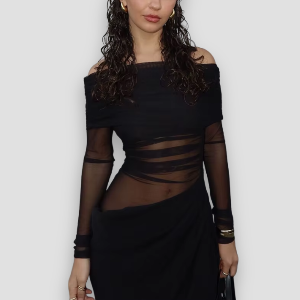 Badhie | Women’s Sheer Off-Shoulder Draped Maxi Dress