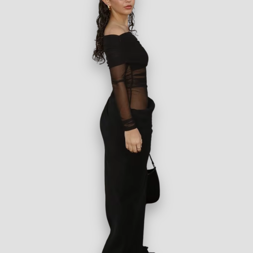 Badhie | Women’s Sheer Off-Shoulder Draped Maxi Dress
