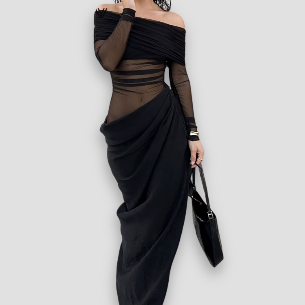Badhie | Women’s Sheer Off-Shoulder Draped Maxi Dress