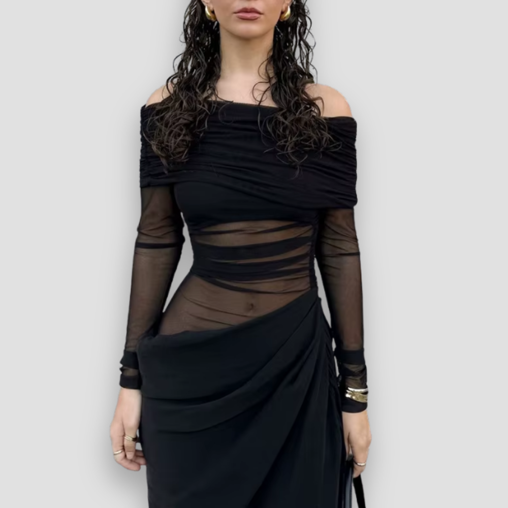 Badhie | Women’s Sheer Off-Shoulder Draped Maxi Dress