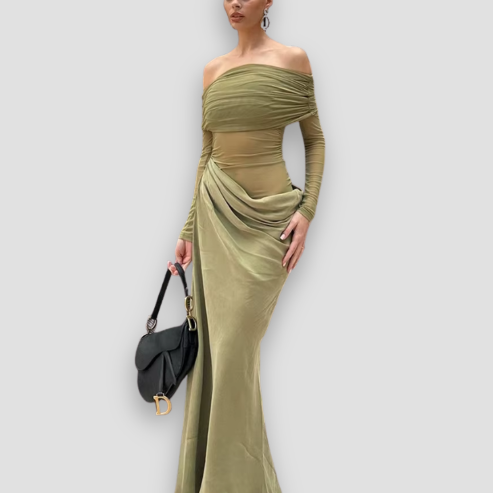 Badhie | Women’s Sheer Off-Shoulder Draped Maxi Dress