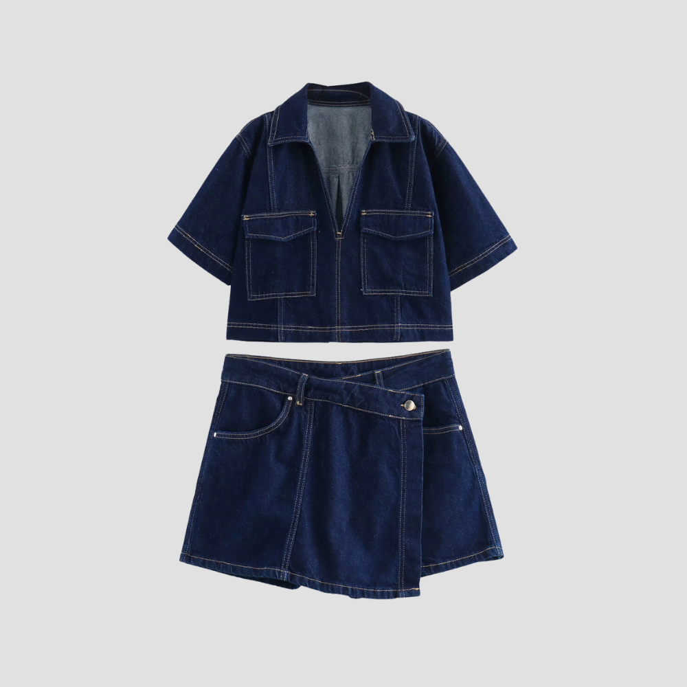Badhie | Women's Denim Shirt Cropped Top Two-piece Set