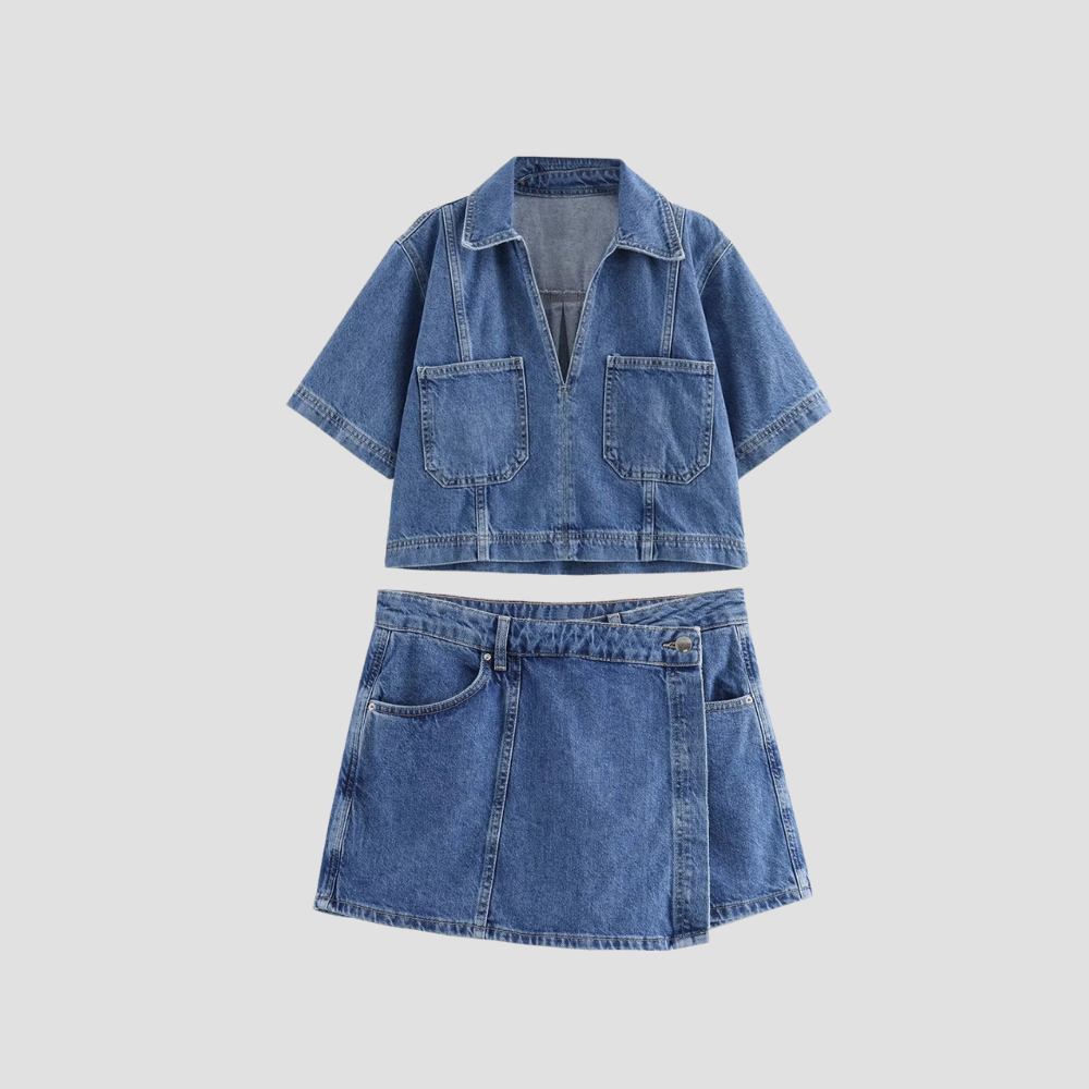 Badhie | Women's Denim Shirt Cropped Top Two-piece Set