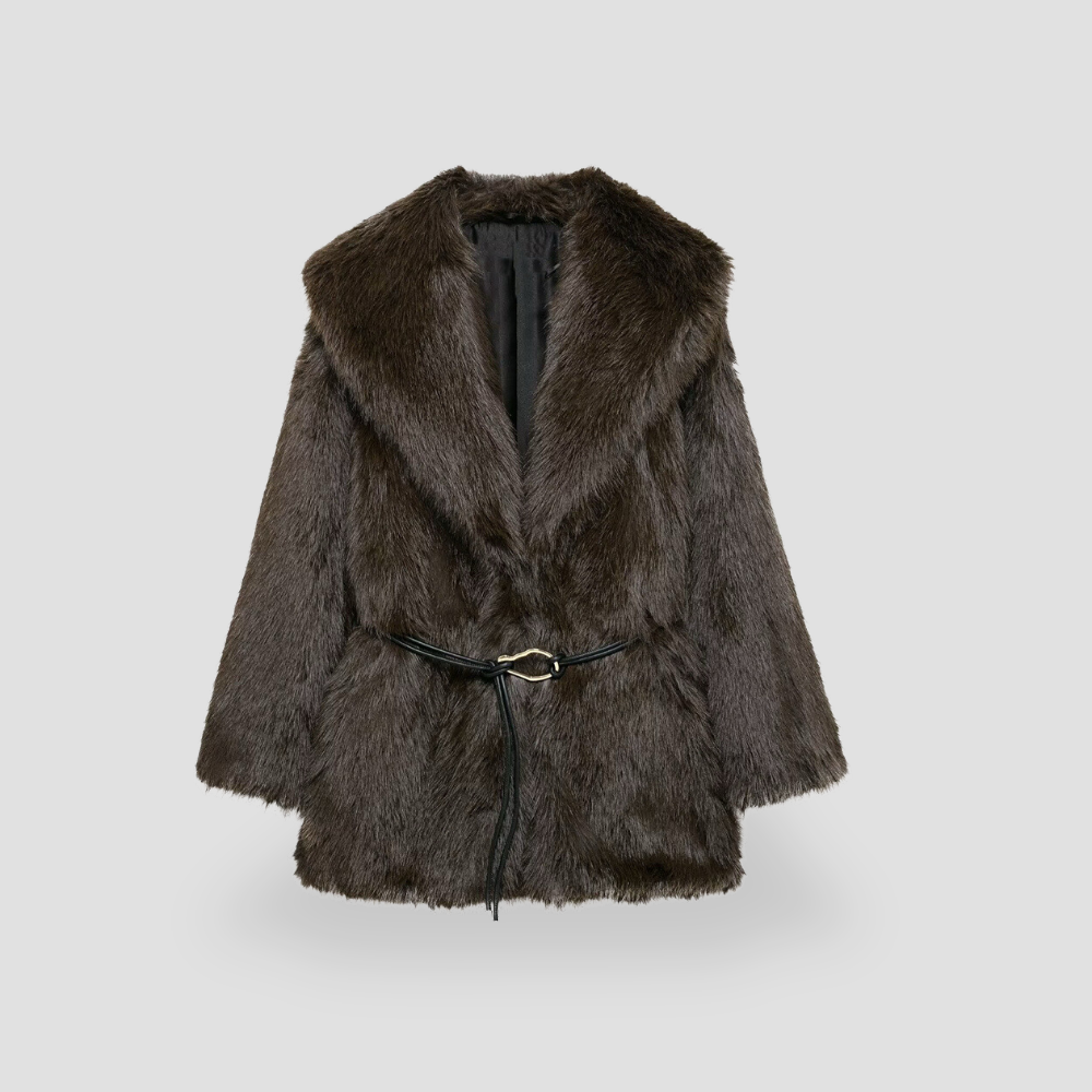 Badhie | Women's Winter Jacket Belt Medium Long Chic Fur Coat