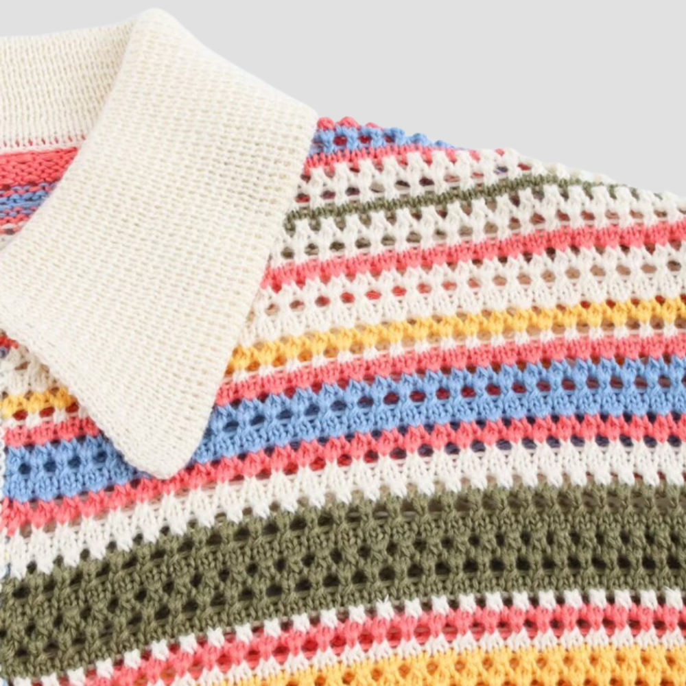 Badhie | Women’s Retro Striped Crochet Button-Up Polo