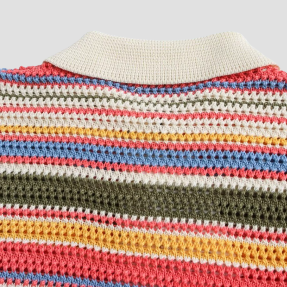 Badhie | Women’s Retro Striped Crochet Button-Up Polo