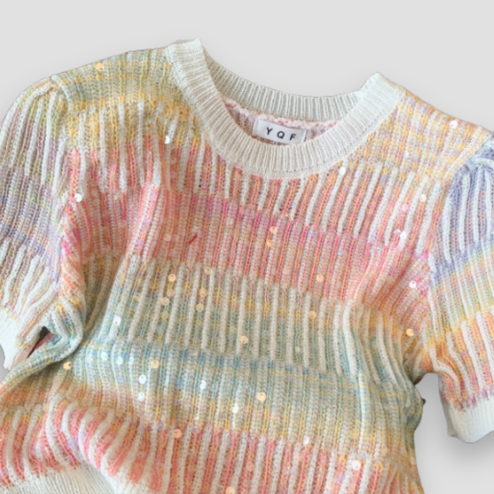 Badhie | Women’s Pastel Crochet Sequin Sparkle Soft Knit Top