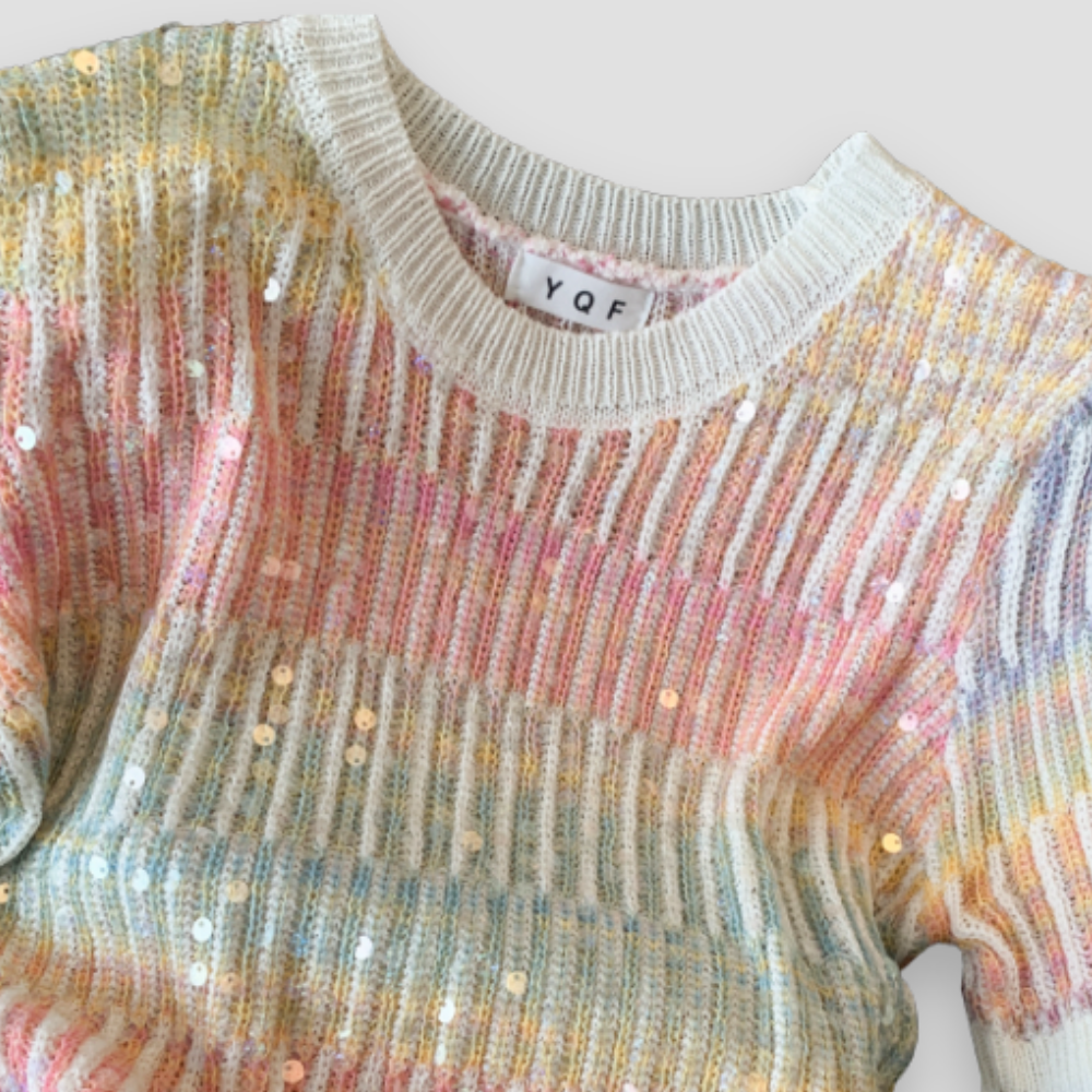 Badhie | Women’s Pastel Crochet Sequin Sparkle Soft Knit Top