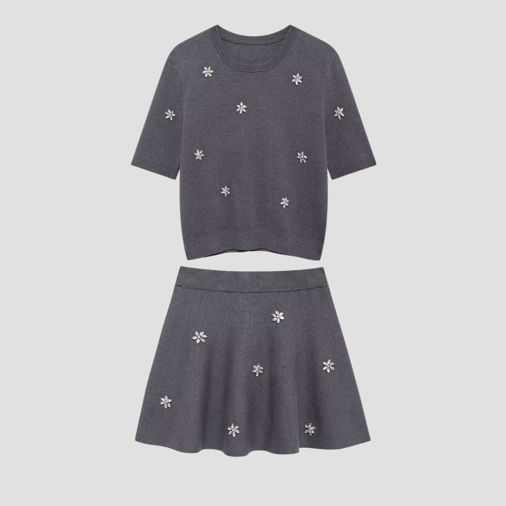Badhie | Women's Knitted Rhinestone Mini Skirt Two-Piece Set