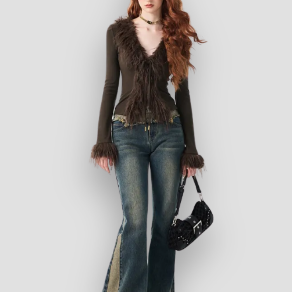 Badhie | Women's Fur Trim Tie-Front Cardigan