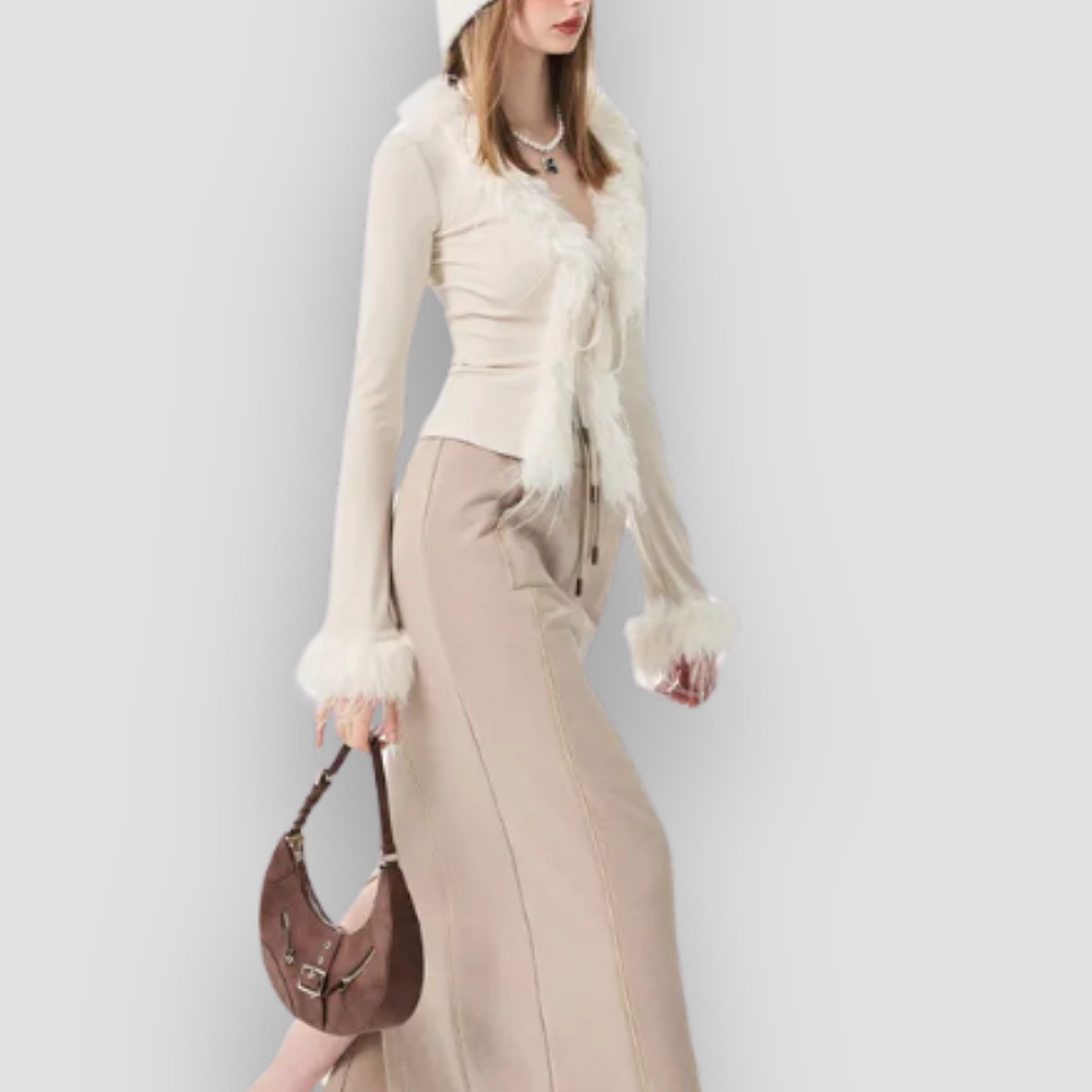 Badhie | Women's Fur Trim Tie-Front Cardigan