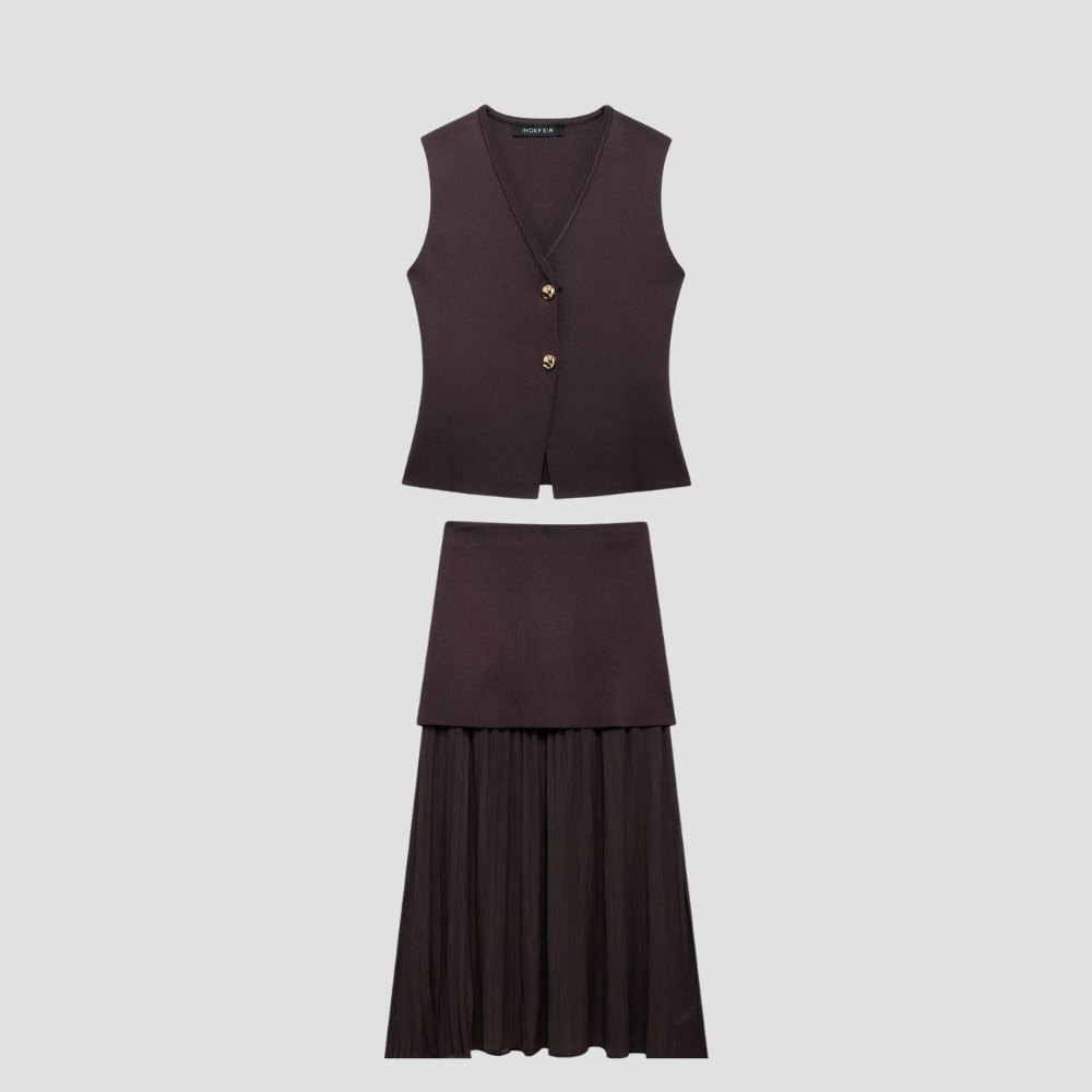 Badhie | Women’s Knit Button Vest & Sheer Pleated Skirt Set