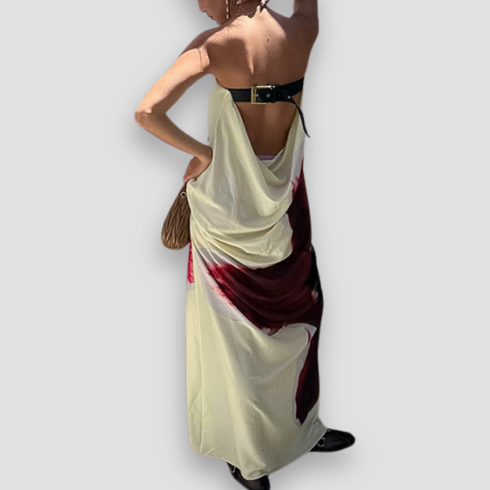 Badhie | Women's Backless Floral Maxi Dress with Belt Detail