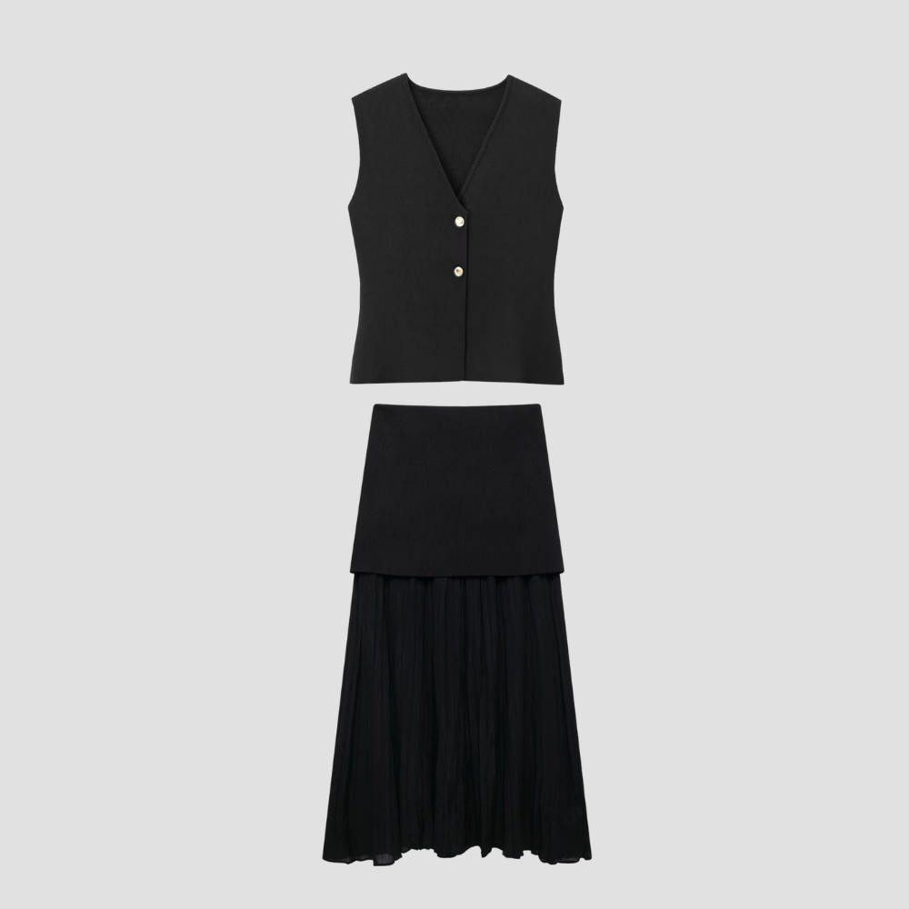 Badhie | Women’s Knit Button Vest & Sheer Pleated Skirt Set