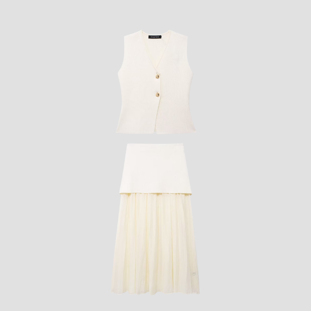Badhie | Women’s Knit Button Vest & Sheer Pleated Skirt Set