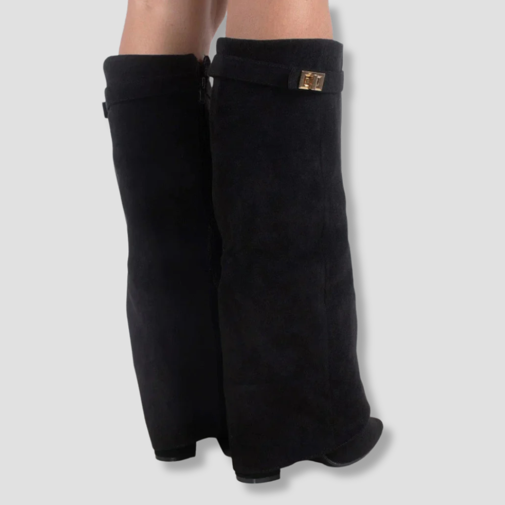 Badhie | Women’s Knee-High Boots Wide-Leg Overlap Block Heel