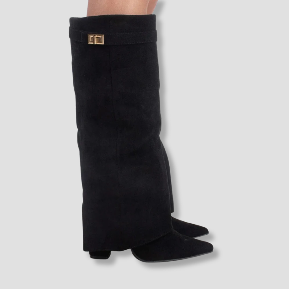 Badhie | Women’s Knee-High Boots Wide-Leg Overlap Block Heel