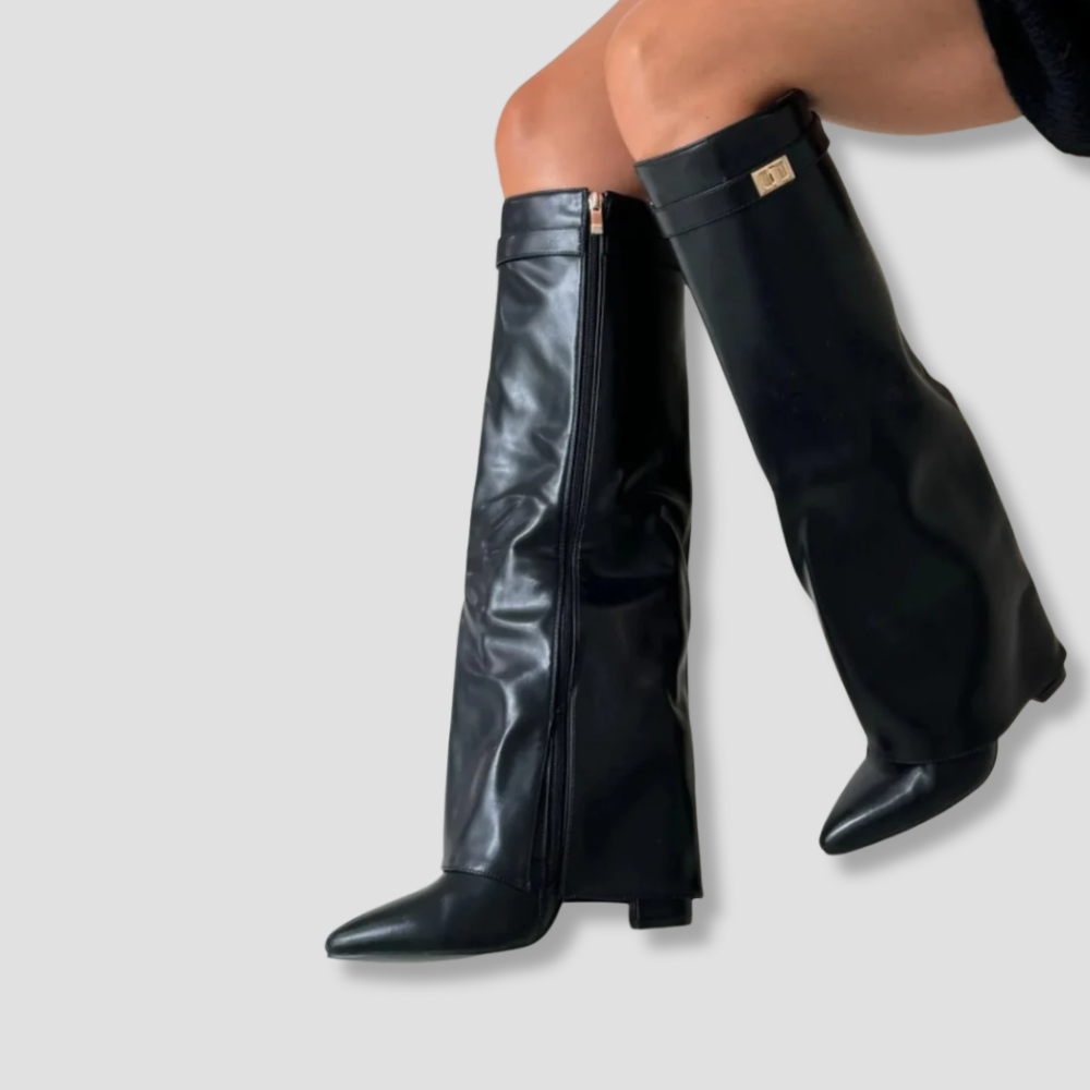 Badhie | Women’s Knee-High Boots Wide-Leg Overlap Block Heel