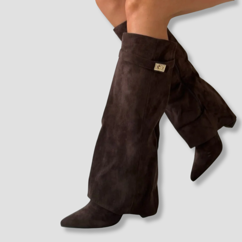 Badhie | Women’s Knee-High Boots Wide-Leg Overlap Block Heel