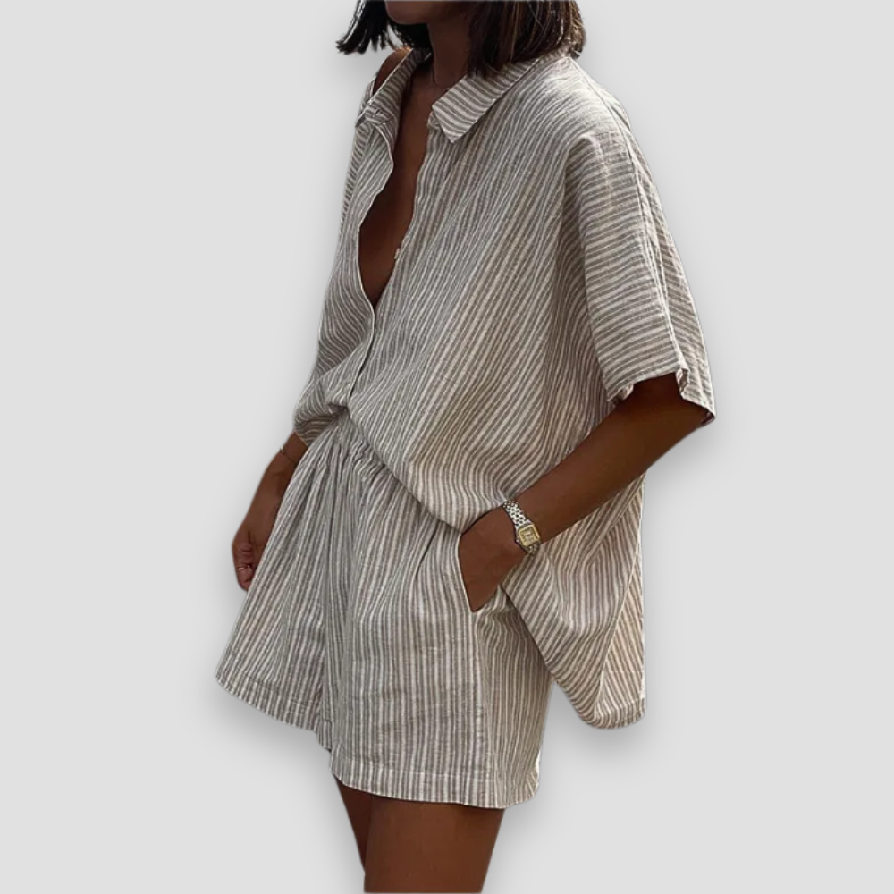 Badhie | Women's Casual Loose Striped Shirt Shorts Two-Piece Set