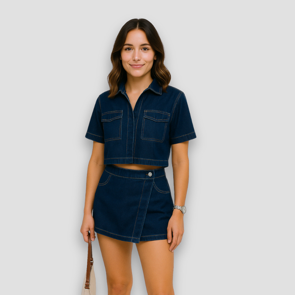 Badhie | Women's Denim Shirt Cropped Top Two-piece Set