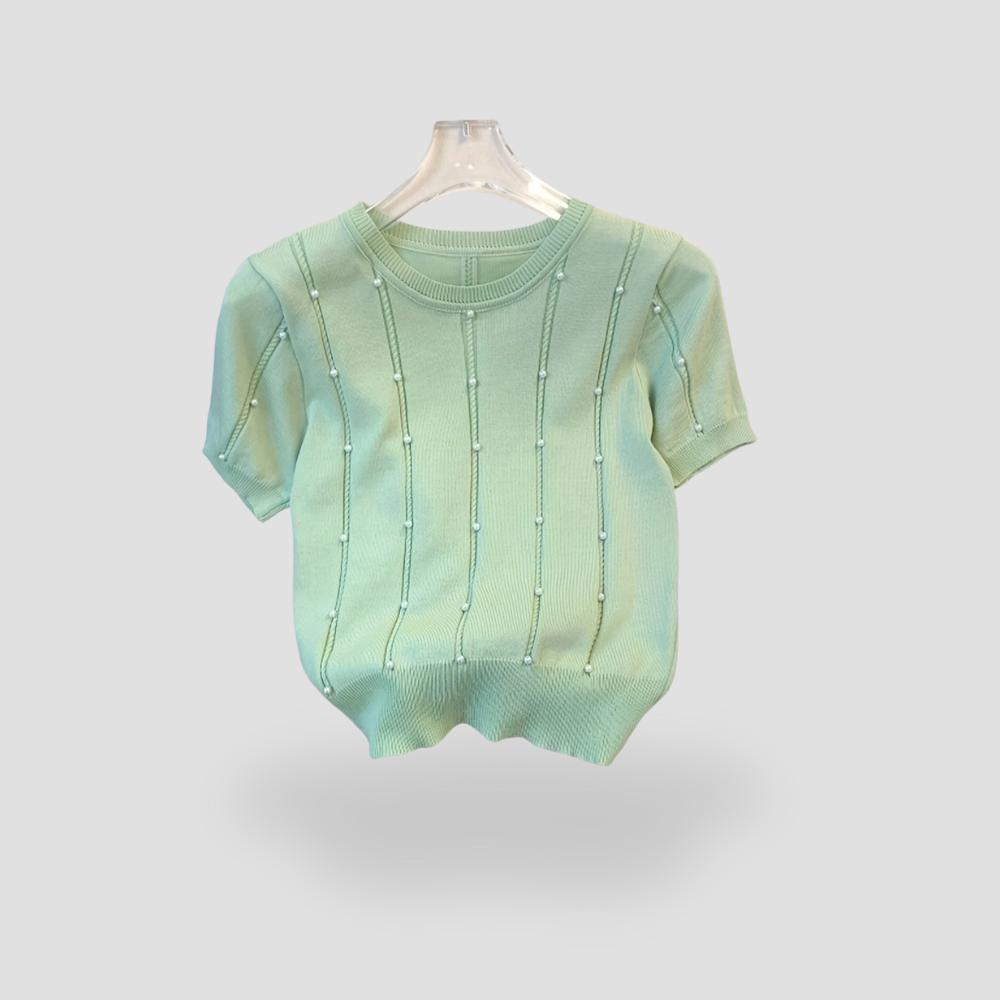 Badhie | Women’s Pearl-Accent Knit Short Sleeve Top