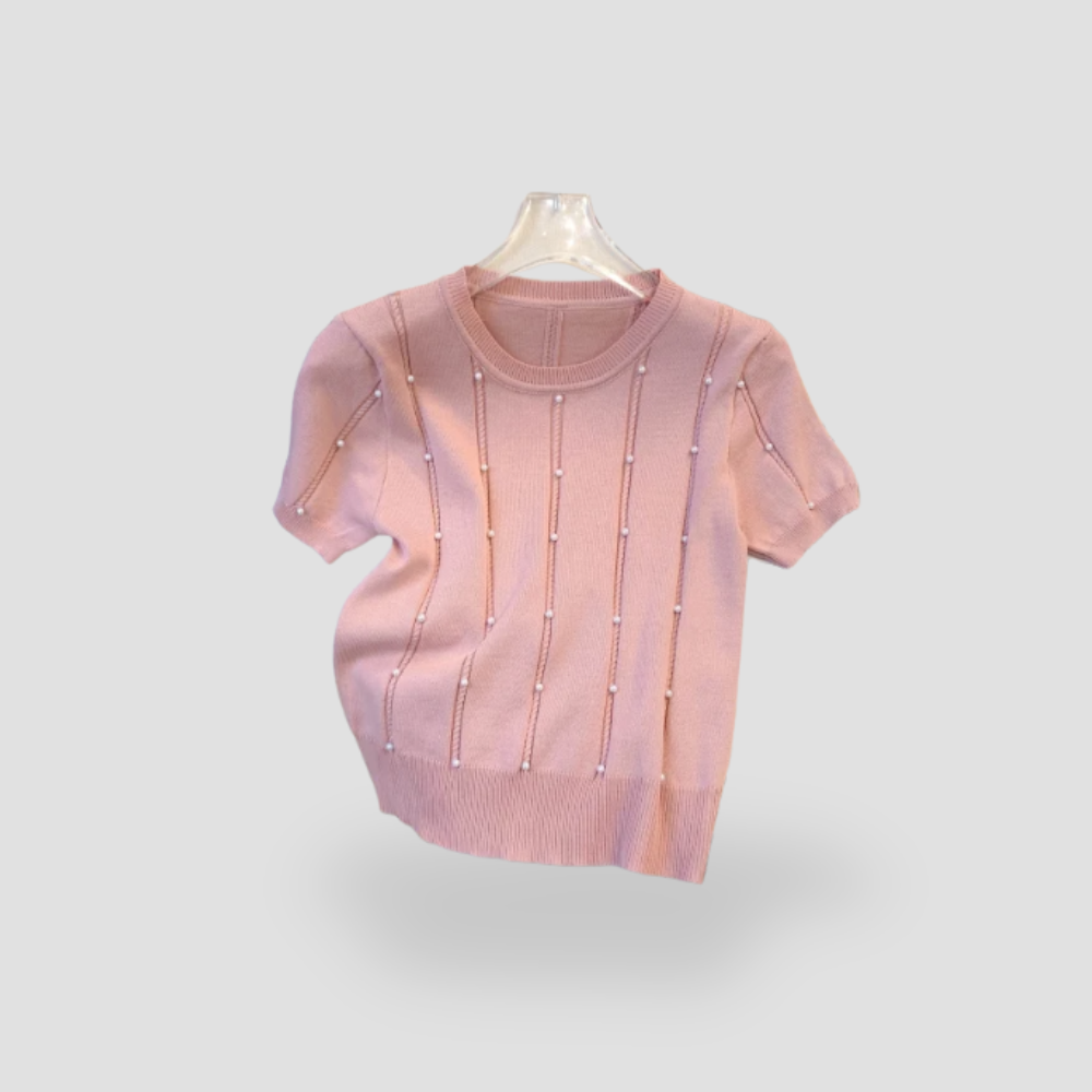 Badhie | Women’s Pearl-Accent Knit Short Sleeve Top
