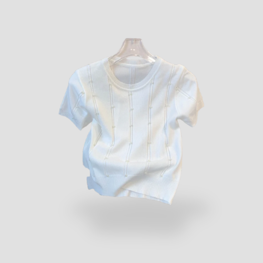 Badhie | Women’s Pearl-Accent Knit Short Sleeve Top