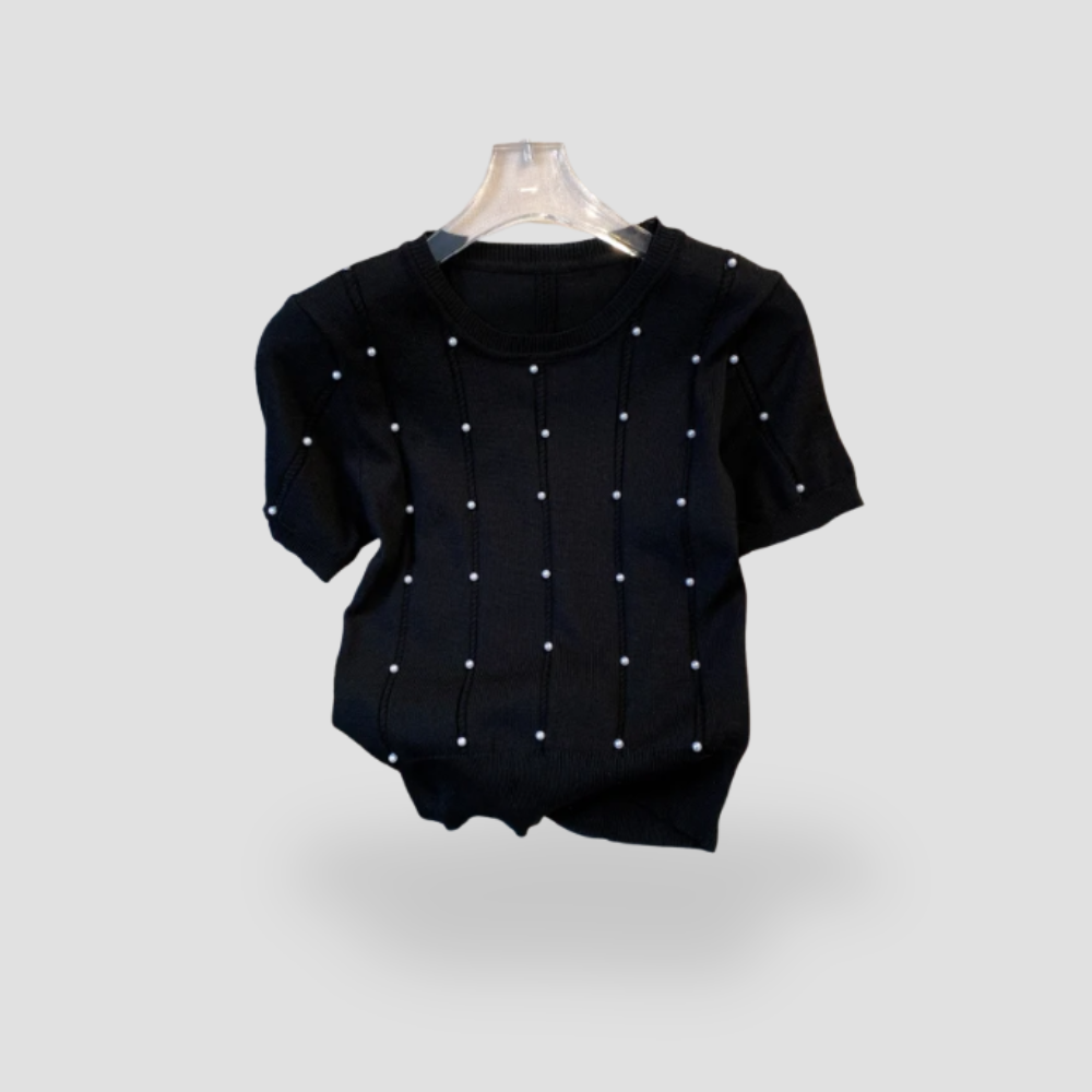 Badhie | Women’s Pearl-Accent Knit Short Sleeve Top
