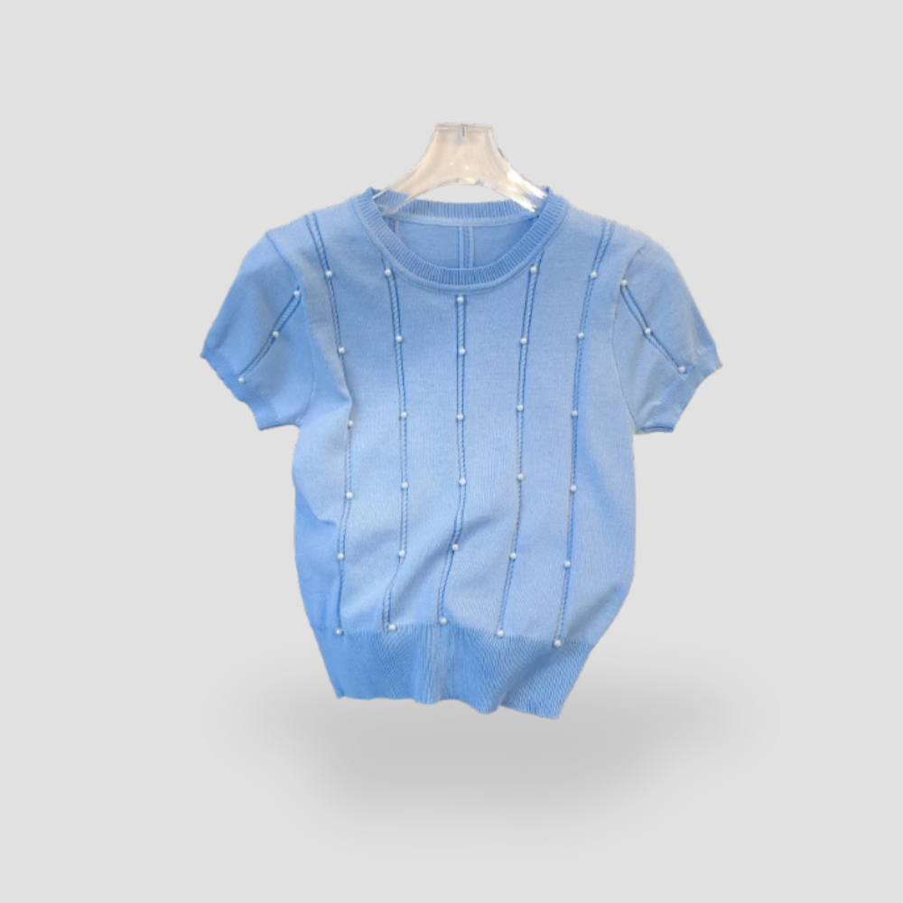 Badhie | Women’s Pearl-Accent Knit Short Sleeve Top